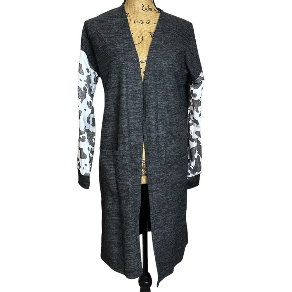 Cow Print Cardigan Womens Medium Long‎ Sleeve Open Front Black NWOT